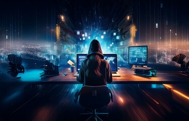 Poster - A hooded figure sits in front of a desk, using multiple devices to monitor a city skyline at night.