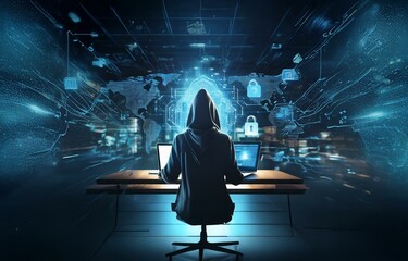 A hooded figure sits at a desk in front of two laptops, a world map and multiple lock symbols illuminate the background.