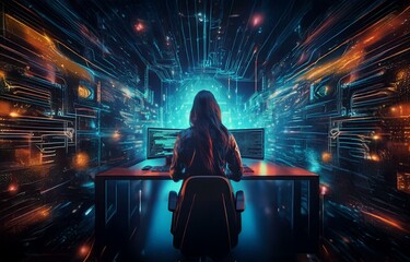 Poster - a lone figure sits at a desk in front of two computer monitors, facing an array of glowing, abstract