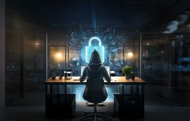 Leinwandbilder - A hooded figure sits in a dimly lit office, working on a computer with a glowing digital padlock in the background.