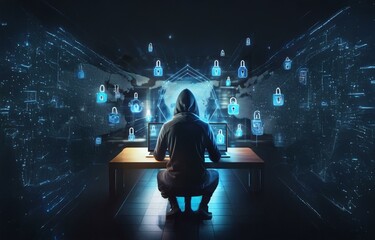 Poster - A hooded figure sits at a desk with two laptops open in front of them.  A digital world surrounds them, with glowing blue locks scattered throughout.