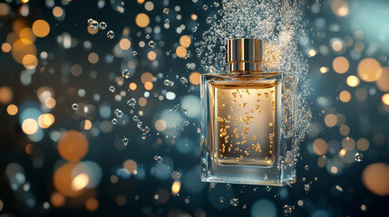 A stunning perfume bottle surrounded by shimmering bubbles and soft bokeh lights creates an enchanting atmosphere. golden liquid inside reflects elegance and luxury