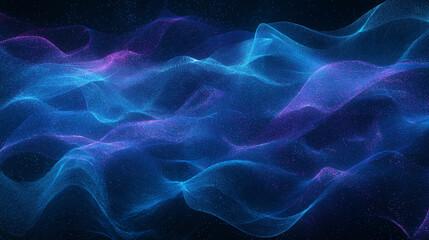 Poster - Abstract tech background in the form of blue waves, consisting of a large number of digital connection lines. Bright neon and vibrating networks and neural connections
