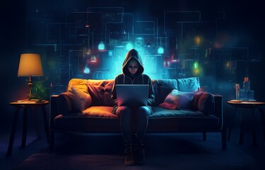 Leinwandbilder - A hooded figure sits on a couch, illuminated by a blue glow, using a laptop.