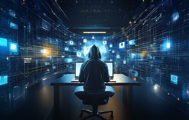 Fototapete - A hooded figure sits in front of two computer screens, surrounded by glowing digital patterns and symbols, suggesting a dark and mysterious digital world.
