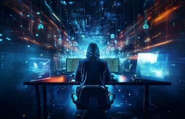 Aufkleber - A hooded figure sits in a dark room, facing a computer screen. The room is filled with blue and orange light and digital data streams.