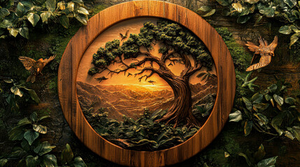 Sticker - Serene Wood Carved Emblem of Nature Conservation with Wildlife and Tree, Eco-Friendly Concept