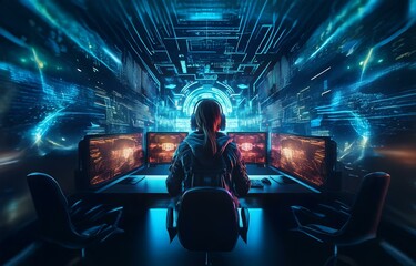 Poster - a person wearing headphones sits in front of multiple monitors displaying digital information and li