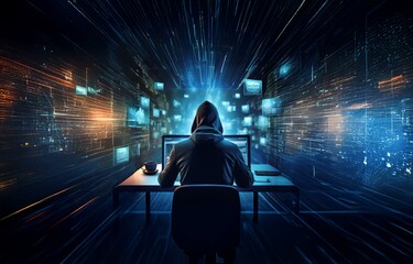 Poster - a hooded figure sits in front of a glowing computer screen. the background is a dark blue with brigh