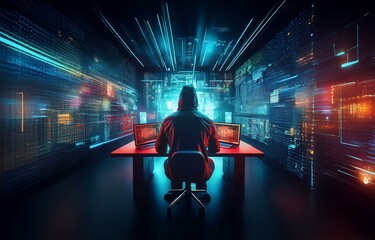 Poster - A hooded figure sits at a desk in a dark room illuminated by blue and red lights, facing multiple computer screens displaying lines of code.
