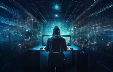 Aufkleber - A hooded figure sits at a computer in a dark room, surrounded by glowing digital patterns.
