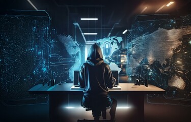 Aufkleber - A hooded figure sits at a desk in front of a laptop, illuminated by a blue glow. Behind the person is a digital map with a glowing padlock icon.