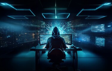 Poster - A hooded figure sits at a computer with glowing blue screens filled with code and data.