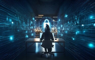 Poster - A hooded figure sits in front of a computer with a glowing padlock icon in the background, representing online security and digital privacy.