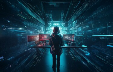 Fototapete - A hooded figure sits at a computer desk in a room filled with glowing blue and green digital lines, working with a computer.