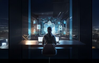 Poster - A woman sits at a desk with two laptops in front of her and a glowing network of digital locks behind her.