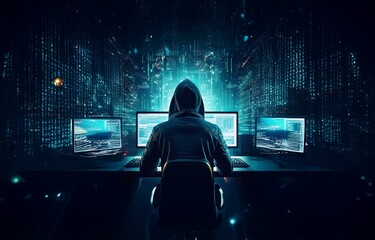 Fototapete - A hooded figure sits in front of multiple computer monitors, surrounded by digital code.