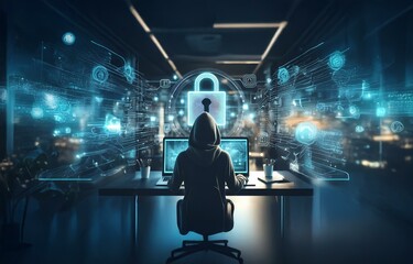 Poster - A hooded figure sits in front of a computer, working on a task illuminated by a glowing padlock, surrounded by a network of digital data.