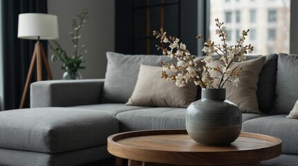 Close up of ceramic vase with blossom twigs on round wooden coffee table against grey sofa and window. Minimalist home interior design of modern living room