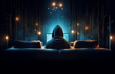 Fototapete - A hooded figure sits on a couch in a dark room, using a laptop with a bright screen, surrounded by dimly lit lamps.