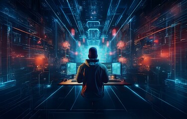 Poster - A hooded figure sits in front of two computer monitors in a dark room with a futuristic, glowing neon and digital display.