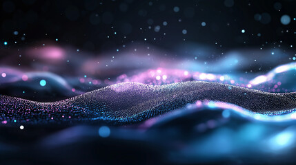 Poster - Abstract tech background in the form of blue waves, consisting of a large number of digital connection lines. Bright neon and vibrating networks and neural connections