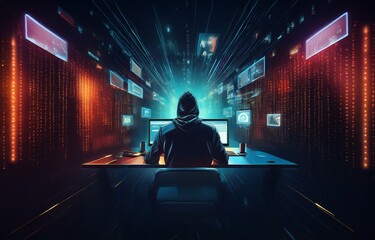 Poster - A hooded figure sits in front of a computer, surrounded by glowing screens and lines of code.