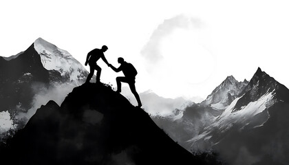 Helping each other up mountain symbolizes teamwork and support in challenging situations. This powerful image captures essence of friendship and perseverance against stunning backdrop of mountains