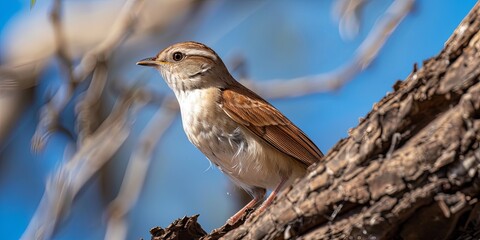 Wall Mural - A small brown and white bird with a long tail perched on a tree branch against a blue sky.