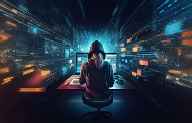 Aufkleber - A hooded figure sits in front of a computer, facing away from the viewer. Digital data streams illuminate the background, suggesting a virtual world.