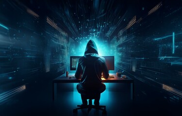 Poster - A hooded figure sits at a desk in a dark room, illuminated by the blue glow of a computer screen.