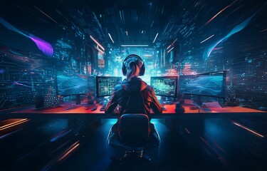 Aufkleber - A person sits in a dark room with multiple computer monitors showing lines of code.