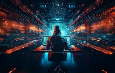 Fototapete - A hooded figure sits in front of a computer with glowing digital lines and streaks behind them in a dark room.