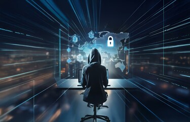 Aufkleber - A hooded figure sits in front of a computer, facing a large screen with a glowing world map and a padlock icon.