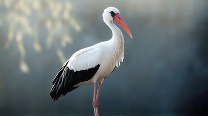 Elegant stork wading gracefully in a serene wetland, surrounded by lush greenery and reflective water, embodying tranquility in a vibrant natural habitat