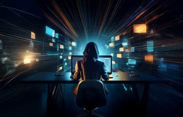 Fototapete - A hooded figure sits at a desk, facing two open laptops, in a darkened room with streaks of blue and orange light emanating from the background.