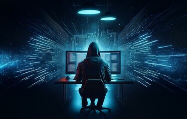 Fototapete - A hooded figure sits in front of multiple computer monitors in a dark room illuminated by blue lights.