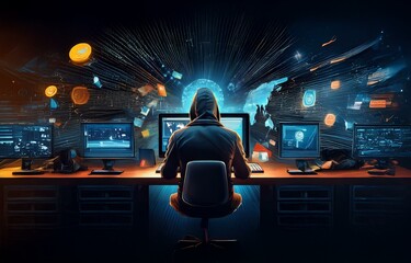 Fototapete - A hooded figure sits in front of a computer, working in a dark room. The screen displays code and a glowing globe.