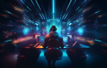 Fototapete - A person sits in a dark room facing multiple computer screens. They are surrounded by neon lights and digital interfaces.