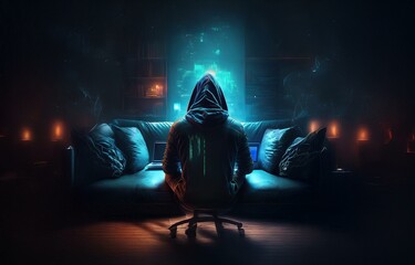 Aufkleber - A hooded figure sits in a dimly lit room, facing a laptop screen with a glowing green display.