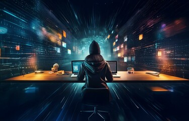 Fototapete - A hooded figure sits in front of two laptops, facing a wall filled with digital information.