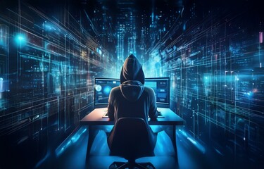 Fototapete - A hooded figure sits at a desk with two monitors, the screen's light casting a blue glow on the surrounding digital grid.