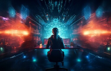Aufkleber - A woman sits in front of a computer in a dark room with glowing blue and red light.