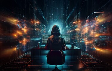 Aufkleber - A hooded figure sits at a computer in front of a digital cityscape, with glowing lines and data streams.