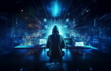Aufkleber - A hooded figure sits in front of a computer screen, bathed in a blue digital glow.