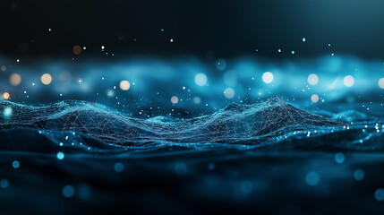 Poster - Abstract tech background in the form of blue waves, consisting of a large number of digital connection lines. Bright neon and vibrating networks and neural connections