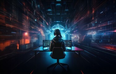 Aufkleber - A lone figure sits in a dark room,  surrounded by glowing lines and data streams, focused on two glowing computer screens.
