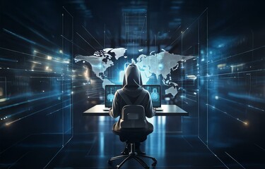 A hooded figure sits at a desk in front of two laptops, a world map with security symbols behind them.