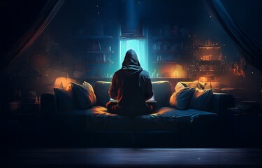 Fototapete - A hooded figure sits on a couch in a dimly lit room, using a laptop.