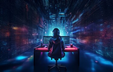 Aufkleber - A hooded figure sits in front of a computer, surrounded by glowing digital data.